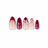 BurgundyBloom French Floral Short Almond | Removable and Reusable | Free Tool Kit Included