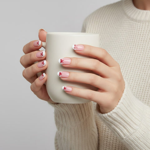 French White Tip Bow Red Almond Instant Adhesive Press On Nails