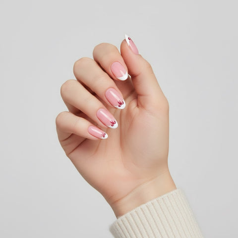 French White Tip Bow Red Almond Instant Adhesive Press On Nails